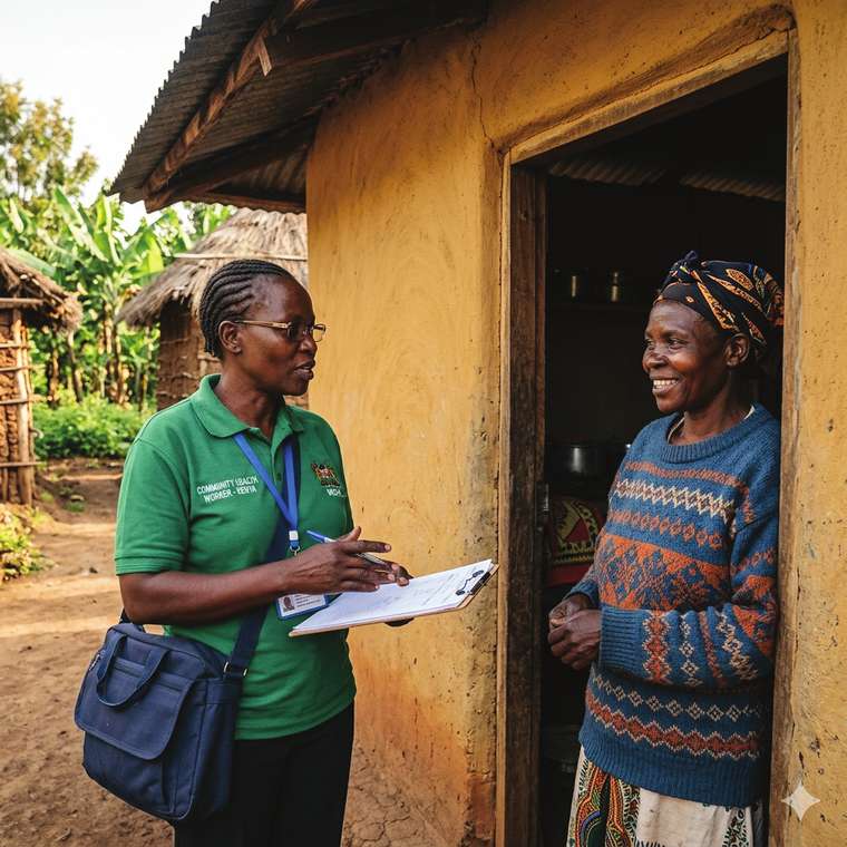 Mhudumu wa afya wa jamii akizungumza na mwanamke nje ya nyumba yake — a community health worker talking with a woman outside her home